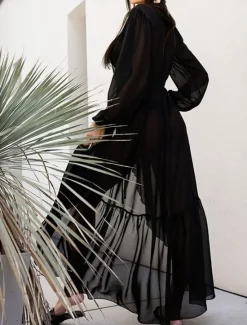 Women's White Dress Maxi Dress Chiffon Lace up Split Date Vacation Casual V Neck Long Sleeve Black White Blue Color Women White Dresses