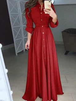 Women's White Dress Maxi Dress Lace up Button Date Vacation Streetwear Maxi Stand Collar Long Sleeve Black White Red Color Women White Dresses