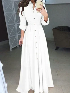 Women's White Dress Maxi Dress Lace up Button Date Vacation Streetwear Maxi Stand Collar Long Sleeve Black White Red Color Women White Dresses