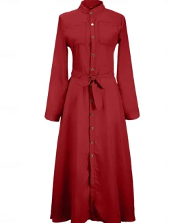 Women's White Dress Maxi Dress Lace up Button Date Vacation Streetwear Maxi Stand Collar Long Sleeve Black White Red Color Women White Dresses