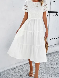 Women's White Dress Midi Dress Mesh Patchwork Date Vacation Streetwear Basic Crew Neck Short Sleeve Black White Brown Color Women White Dresses