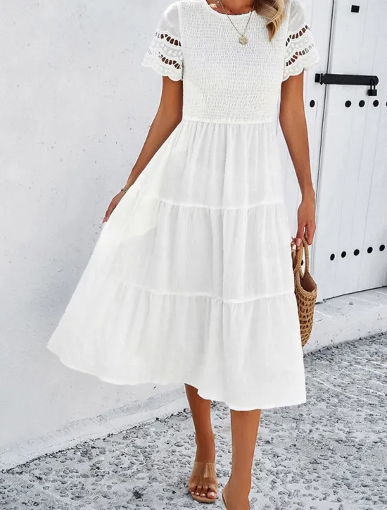 Women's White Dress Midi Dress Mesh Patchwork Date Vacation Streetwear Basic Crew Neck Short Sleeve Black White Brown Color Women White Dresses