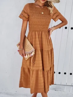 Women's White Dress Midi Dress Mesh Patchwork Date Vacation Streetwear Basic Crew Neck Short Sleeve Black White Brown Color Women White Dresses