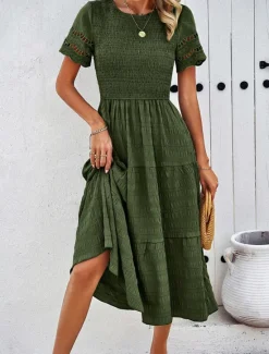 Women's White Dress Midi Dress Mesh Patchwork Date Vacation Streetwear Basic Crew Neck Short Sleeve Black White Brown Color Women White Dresses
