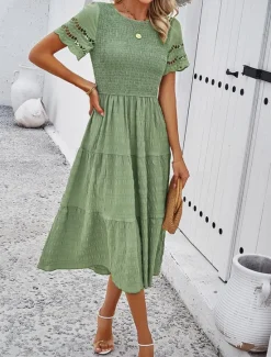 Women's White Dress Midi Dress Mesh Patchwork Date Vacation Streetwear Basic Crew Neck Short Sleeve Black White Brown Color Women White Dresses