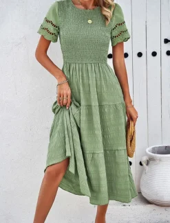 Women's White Dress Midi Dress Mesh Patchwork Date Vacation Streetwear Basic Crew Neck Short Sleeve Black White Brown Color Women White Dresses