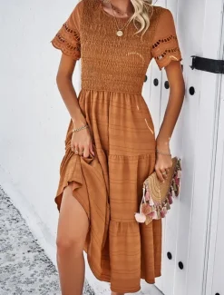 Women's White Dress Midi Dress Mesh Patchwork Date Vacation Streetwear Basic Crew Neck Short Sleeve Black White Brown Color Women White Dresses
