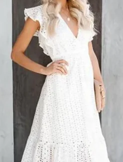 New Women's Dress Midi Dress Cotton Ruffle Trim with Sleeve Vacation Casual A Line V Neck Short Sleeve Color Women White Dresses