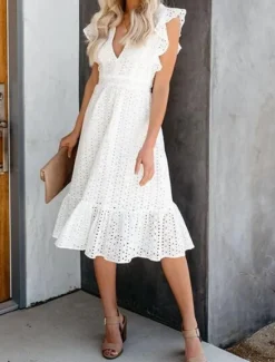New Women's Dress Midi Dress Cotton Ruffle Trim with Sleeve Vacation Casual A Line V Neck Short Sleeve Color Women White Dresses
