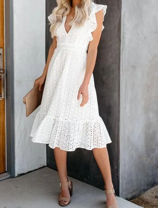New Women's Dress Midi Dress Cotton Ruffle Trim with Sleeve Vacation Casual A Line V Neck Short Sleeve Color Women White Dresses