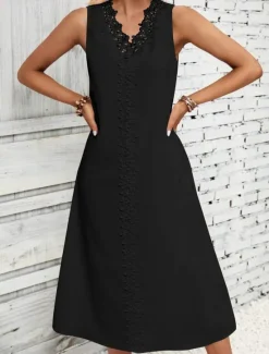 Clearance Women's White Dress Midi Dress Cotton Lace Patchwork Date Vacation Streetwear Basic V Neck Sleeveless Black White Color Women White Dresses