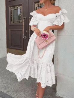 New Women's White Dress Midi Dress Ruffle Date Vacation Streetwear Sexy Off Shoulder Short Sleeve White Pink Color Women White Dresses