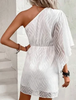 Outlet Women's White Dress Mini Dress Chiffon Lace Patchwork Date Vacation Streetwear Basic One Shoulder 3/4 Length Sleeve Black White Color Women White Dresses