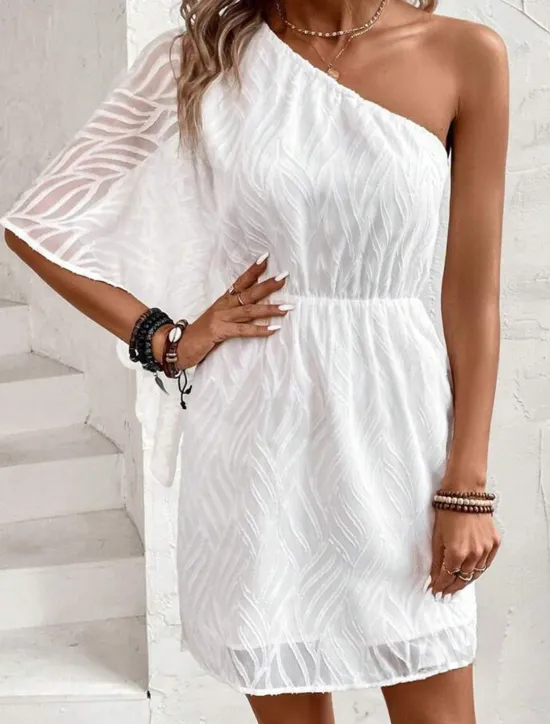 Outlet Women's White Dress Mini Dress Chiffon Lace Patchwork Date Vacation Streetwear Basic One Shoulder 3/4 Length Sleeve Black White Color Women White Dresses