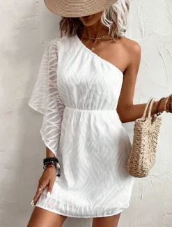 Outlet Women's White Dress Mini Dress Chiffon Lace Patchwork Date Vacation Streetwear Basic One Shoulder 3/4 Length Sleeve Black White Color Women White Dresses