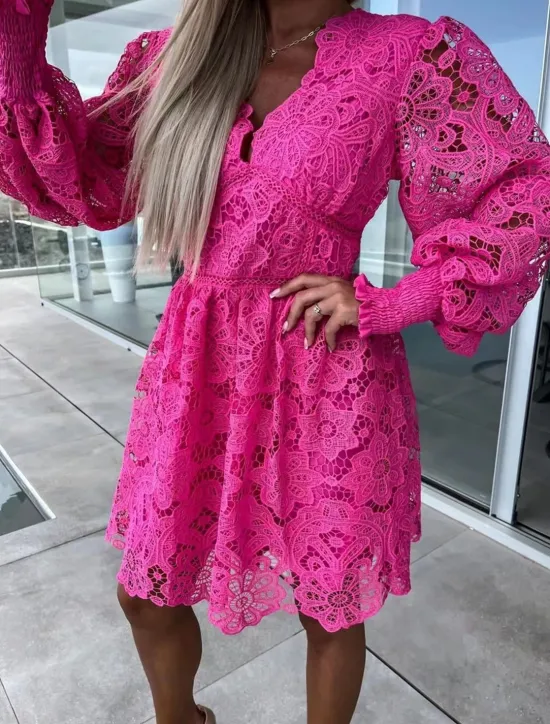 Hot Women's White Dress Mini Dress Lace with Sleeve Date Vacation Elegant A Line V Neck Long Sleeve Black White Fuchsia Color Women White Dresses