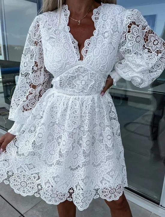 Hot Women's White Dress Mini Dress Lace with Sleeve Date Vacation Elegant A Line V Neck Long Sleeve Black White Fuchsia Color Women White Dresses