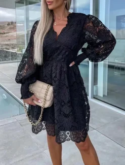 Hot Women's White Dress Mini Dress Lace with Sleeve Date Vacation Elegant A Line V Neck Long Sleeve Black White Fuchsia Color Women White Dresses