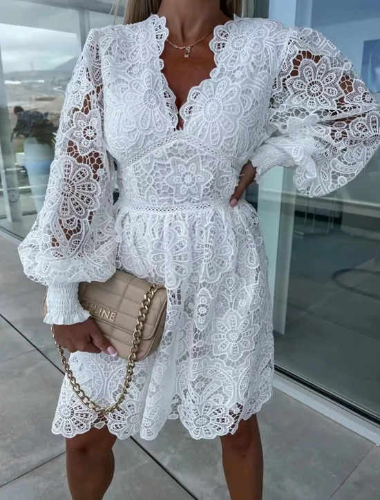 Hot Women's White Dress Mini Dress Lace with Sleeve Date Vacation Elegant A Line V Neck Long Sleeve Black White Fuchsia Color Women White Dresses