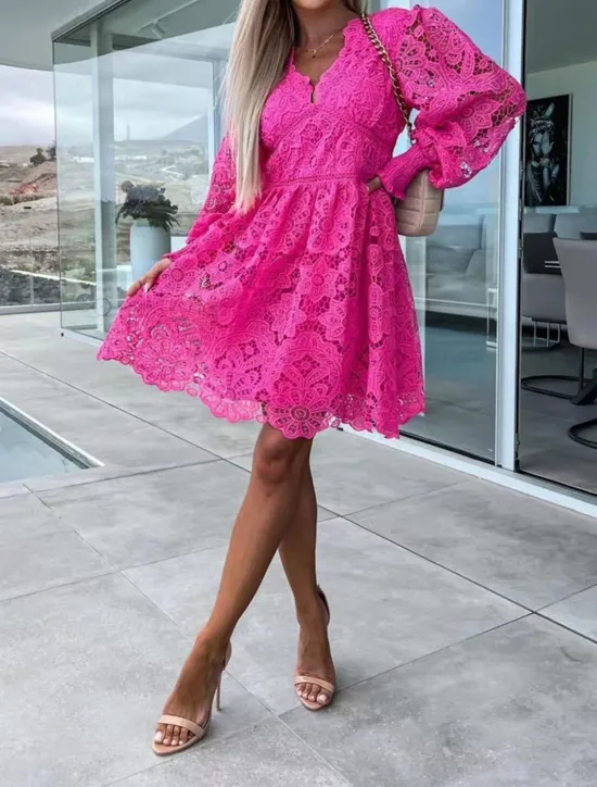 Hot Women's White Dress Mini Dress Lace with Sleeve Date Vacation Elegant A Line V Neck Long Sleeve Black White Fuchsia Color Women White Dresses