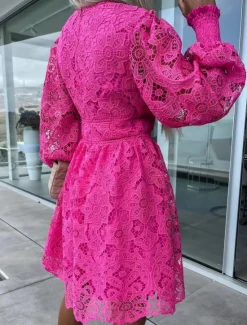 Hot Women's White Dress Mini Dress Lace with Sleeve Date Vacation Elegant A Line V Neck Long Sleeve Black White Fuchsia Color Women White Dresses