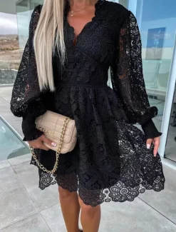 Hot Women's White Dress Mini Dress Lace with Sleeve Date Vacation Elegant A Line V Neck Long Sleeve Black White Fuchsia Color Women White Dresses