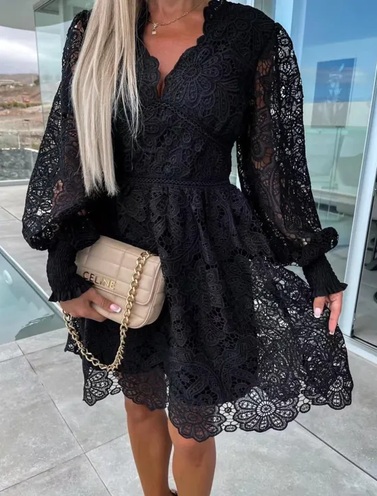Hot Women's White Dress Mini Dress Lace with Sleeve Date Vacation Elegant A Line V Neck Long Sleeve Black White Fuchsia Color Women White Dresses