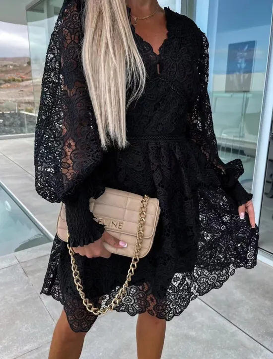 Hot Women's White Dress Mini Dress Lace with Sleeve Date Vacation Elegant A Line V Neck Long Sleeve Black White Fuchsia Color Women White Dresses