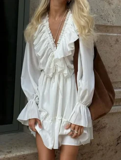 New Women's Dress Mini Dress Ruffle Date Vacation Streetwear Casual V Neck Long Sleeve Color Women White Dresses