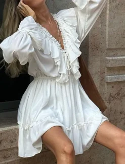 New Women's Dress Mini Dress Ruffle Date Vacation Streetwear Casual V Neck Long Sleeve Color Women White Dresses