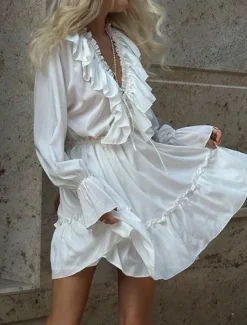 New Women's Dress Mini Dress Ruffle Date Vacation Streetwear Casual V Neck Long Sleeve Color Women White Dresses