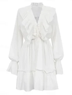 New Women's Dress Mini Dress Ruffle Date Vacation Streetwear Casual V Neck Long Sleeve Color Women White Dresses