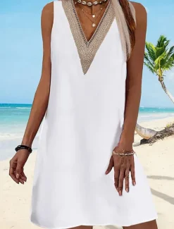 Best Women's White Dress Mini Dress Lace Patchwork Vacation Casual V Neck Sleeveless White Yellow Blue Color Women White Dresses