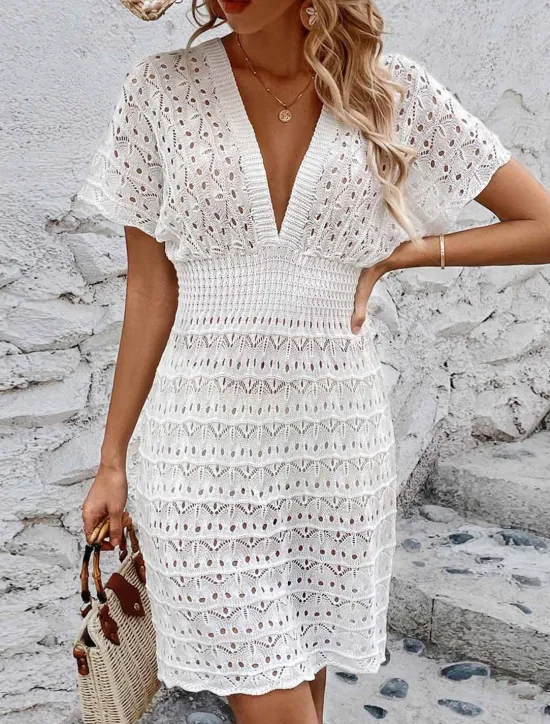 Online Women's White Dress Mini Dress Backless Cut Out Vacation Beach Sexy Casual V Neck Short Sleeve Black White Blue Color Women White Dresses