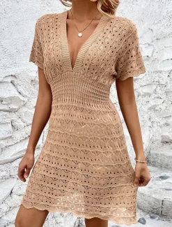 Online Women's White Dress Mini Dress Backless Cut Out Vacation Beach Sexy Casual V Neck Short Sleeve Black White Blue Color Women White Dresses