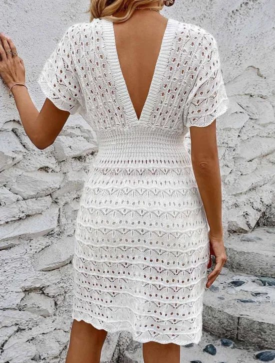 Online Women's White Dress Mini Dress Backless Cut Out Vacation Beach Sexy Casual V Neck Short Sleeve Black White Blue Color Women White Dresses