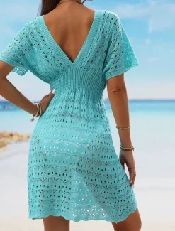 Online Women's White Dress Mini Dress Backless Cut Out Vacation Beach Sexy Casual V Neck Short Sleeve Black White Blue Color Women White Dresses
