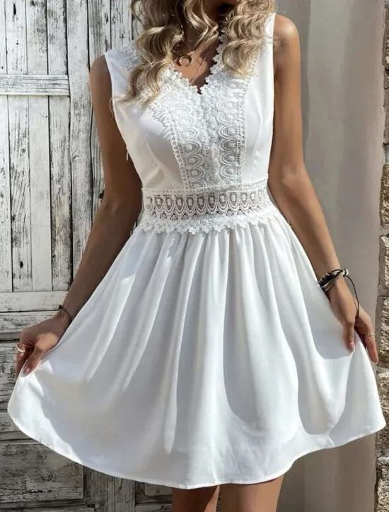 Best Women's White Dress Mini Dress Cotton with Sleeve Party Date Elegant V Neck Sleeveless Black White Color Women White Dresses