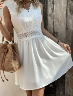 Best Women's White Dress Mini Dress Cotton with Sleeve Party Date Elegant V Neck Sleeveless Black White Color Women White Dresses