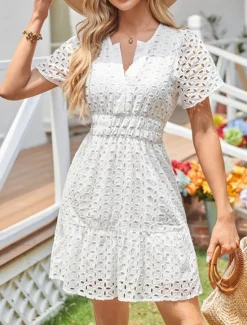 Discount Women's White Dress Mini Dress Lace Eyelet Vacation Casual Split Neck Short Sleeve Black White Yellow Color Women White Dresses