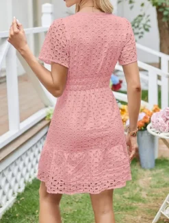 Discount Women's White Dress Mini Dress Lace Eyelet Vacation Casual Split Neck Short Sleeve Black White Yellow Color Women White Dresses