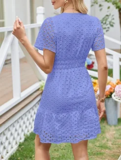 Discount Women's White Dress Mini Dress Lace Eyelet Vacation Casual Split Neck Short Sleeve Black White Yellow Color Women White Dresses