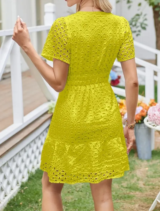 Discount Women's White Dress Mini Dress Lace Eyelet Vacation Casual Split Neck Short Sleeve Black White Yellow Color Women White Dresses