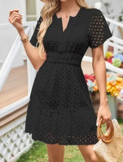 Discount Women's White Dress Mini Dress Lace Eyelet Vacation Casual Split Neck Short Sleeve Black White Yellow Color Women White Dresses