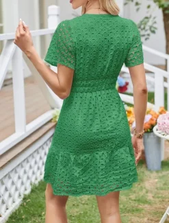 Discount Women's White Dress Mini Dress Lace Eyelet Vacation Casual Split Neck Short Sleeve Black White Yellow Color Women White Dresses