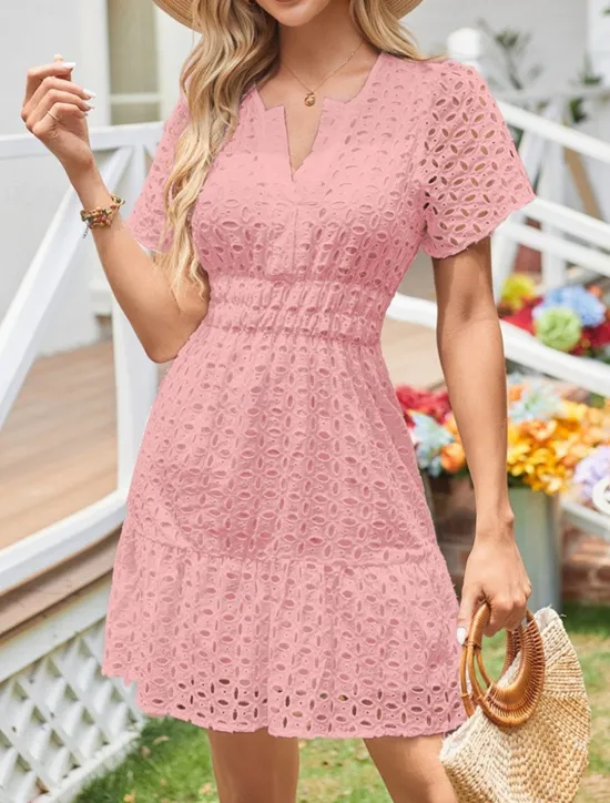 Discount Women's White Dress Mini Dress Lace Eyelet Vacation Casual Split Neck Short Sleeve Black White Yellow Color Women White Dresses