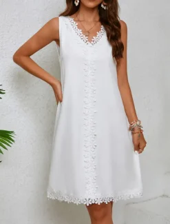 Best Women's White Dress Mini Dress Lace Patchwork Date Vacation Streetwear Basic V Neck Sleeveless Black White Color Women White Dresses