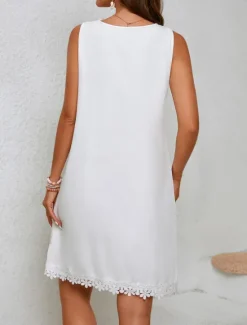 Best Women's White Dress Mini Dress Lace Patchwork Date Vacation Streetwear Basic V Neck Sleeveless Black White Color Women White Dresses