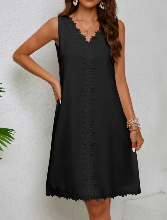 Best Women's White Dress Mini Dress Lace Patchwork Date Vacation Streetwear Basic V Neck Sleeveless Black White Color Women White Dresses