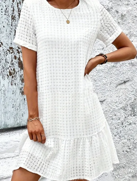 Hot Women's Dress Mini Dress Ruffle Eyelet Date Streetwear Basic Crew Neck Short Sleeve Color Women White Dresses